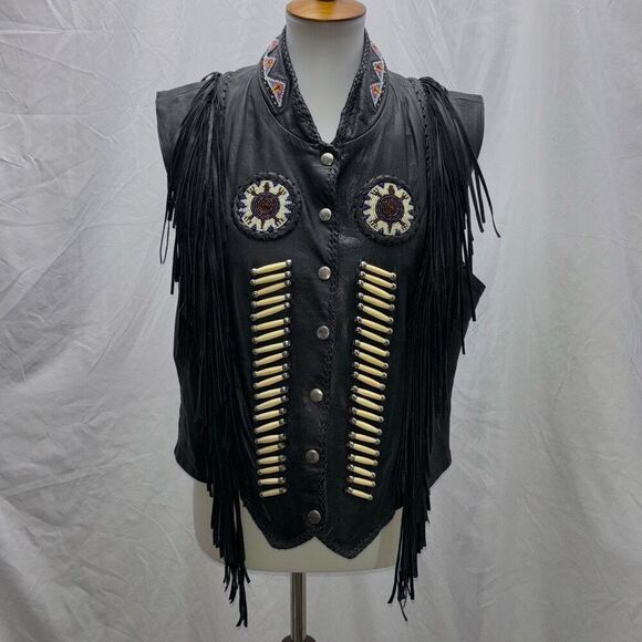 Vtg Tribal America Beads & Fringe Native black leather biker vest XXL - Picture 1 of 10